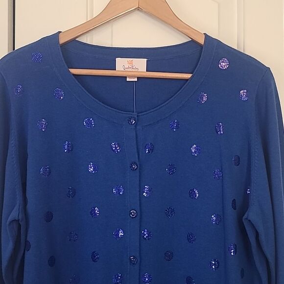 Quacker Factory Royal Blue Sequin Embellished Polka Dot Button Cardigan Size XL - Picture 2 of 10